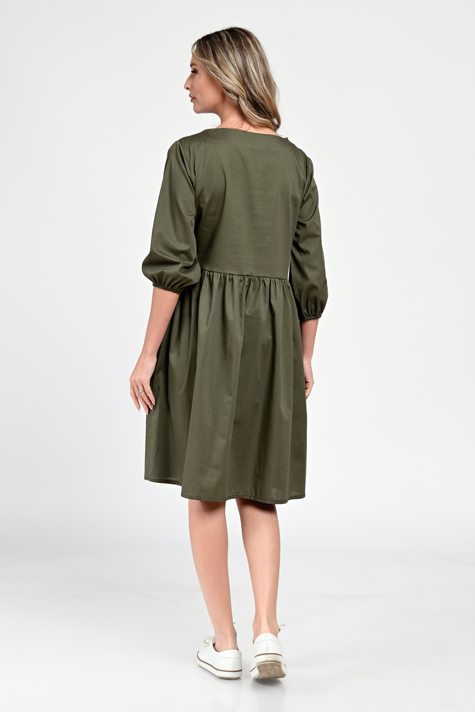 Rochie Medie Dama V310, Pictata manual, Kaki cu model floral